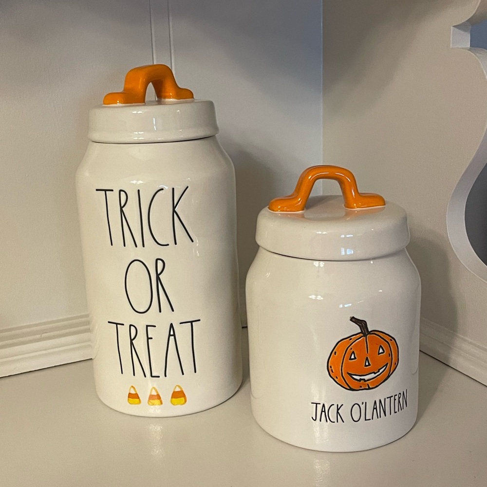 Rae Dunn jack-o’-lantern and trick-or-treat canister